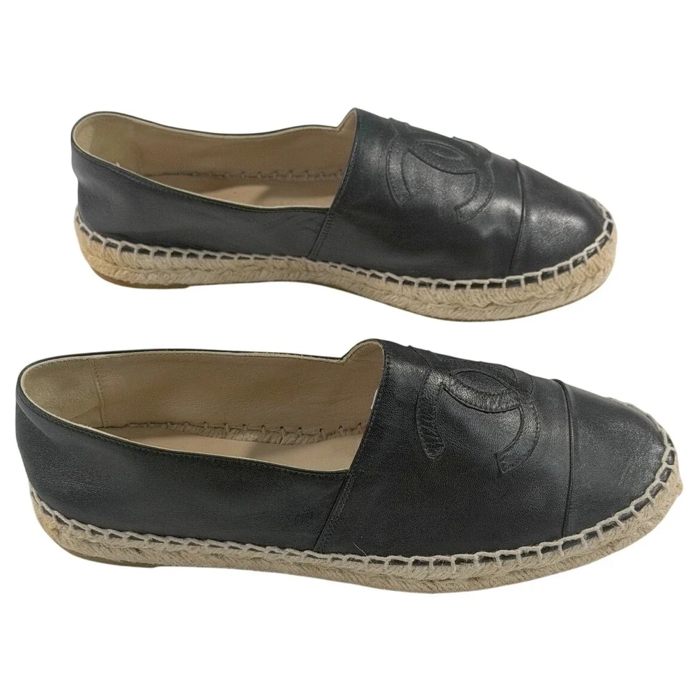 CHANEL Lambskin Espadrilles Black CC 37 Auth New w/o Box Leather Flats Slip-On